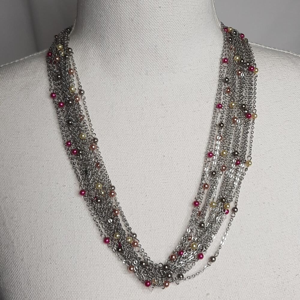 Multi-layer Silver Chain Necklace With Colored Beads